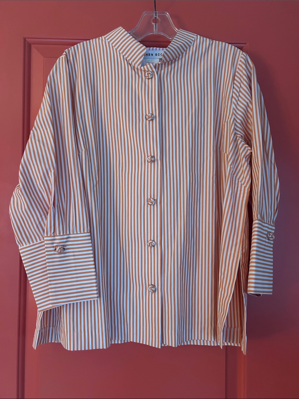 Gretchen Scott Orange and White Striped Button-Up Tunic with Mandarin Collar